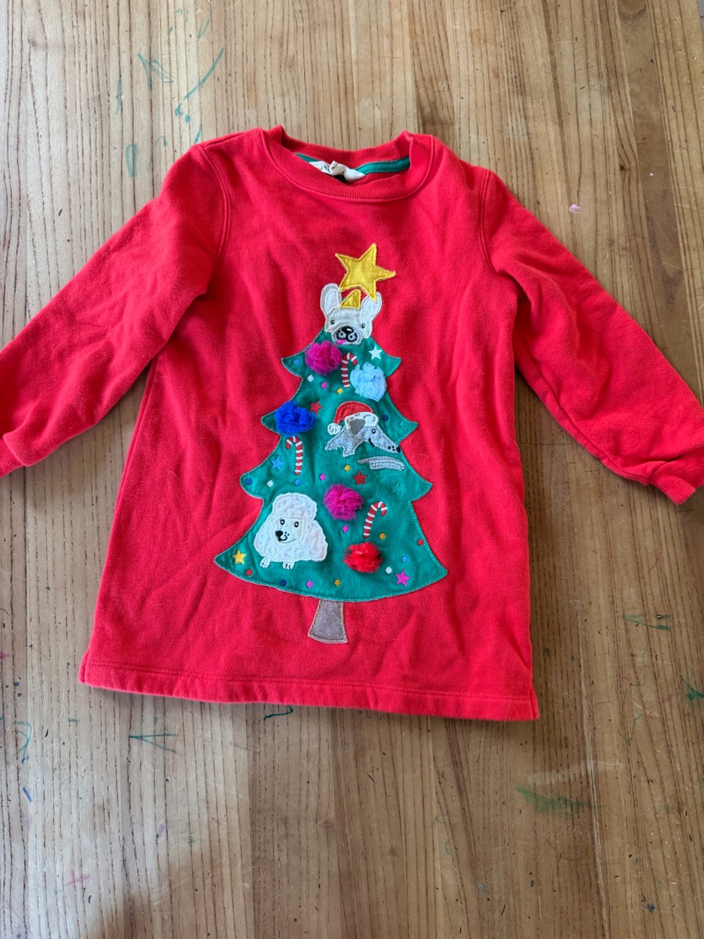 Kids Red Long-Sleeve Christmas Tree Appliqué dress